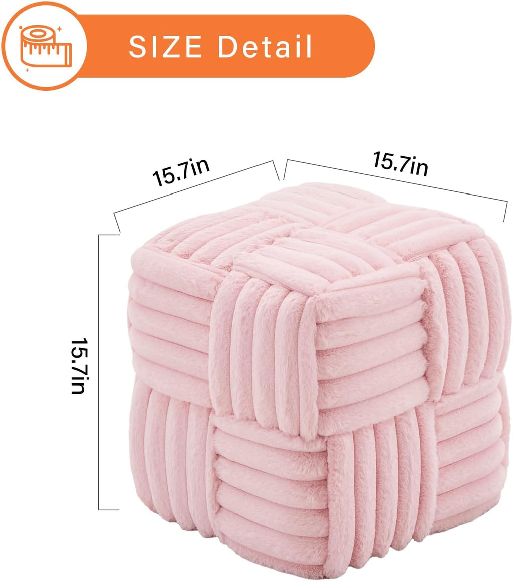 Faux Fur Ottoman Footrest 15.7" Square Vanity Stool, No Assembly Required, Soft Padded Seat for Bedroom, Living Room, Entryway (Pink)