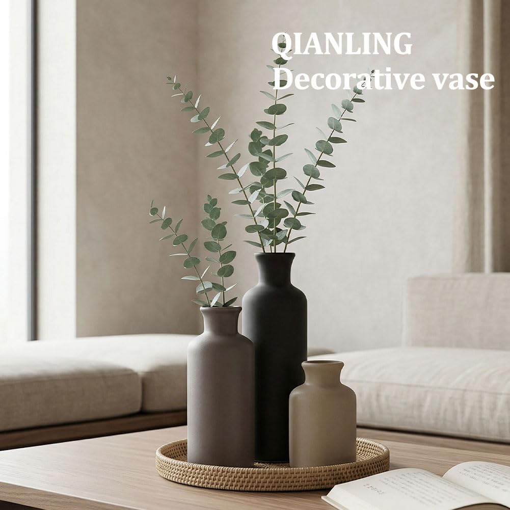 Ceramic Vase Set of 3 - Modern Neutral Vases for Home Decor Rustic Farmhouse Decor Pampas Vase for Table Mantel Entryway Shelf Living Room Kitchen Bathroom