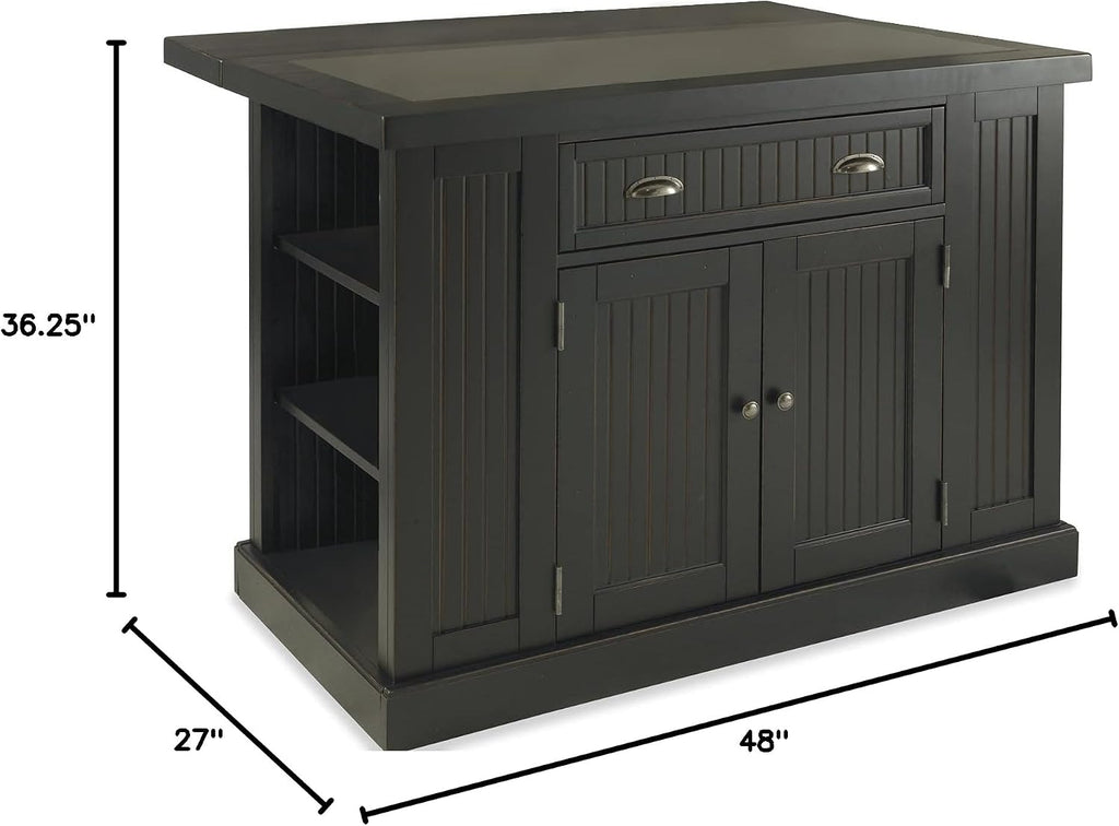 Homestyles Nantucket Distressed Black Kitchen Island with Black Granite and Wood Drop Leaf Breakfast Bar, 48"W