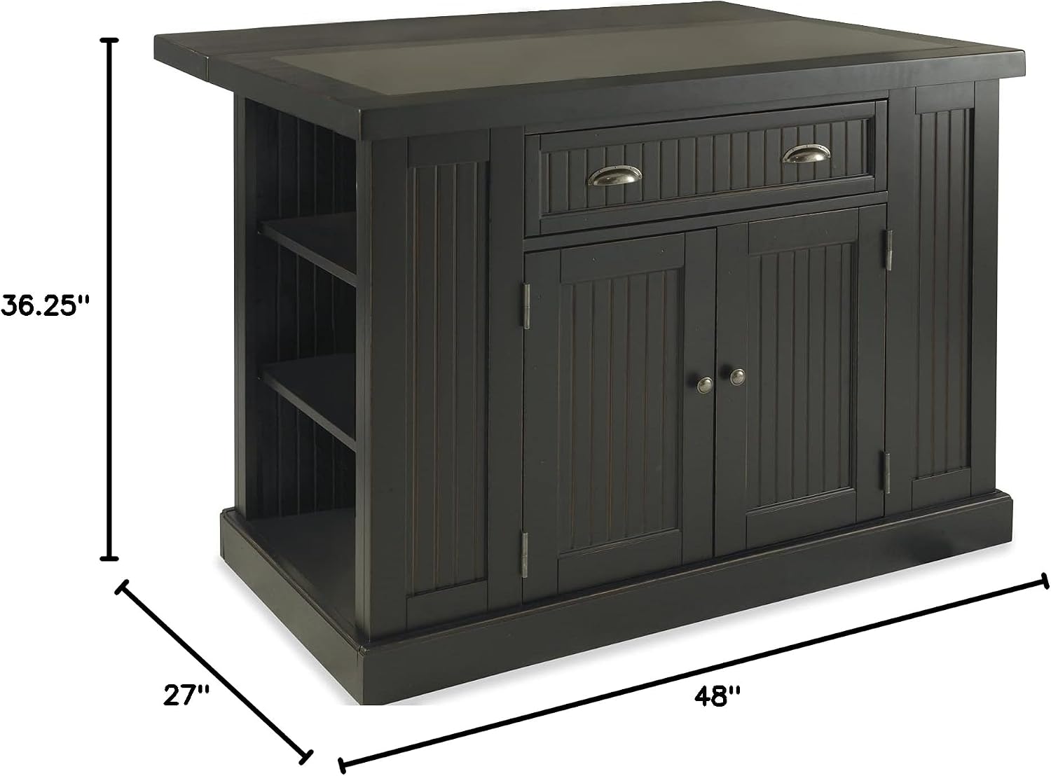 Homestyles Nantucket Distressed Black Kitchen Island with Black Granite and Wood Drop Leaf Breakfast Bar, 48"W