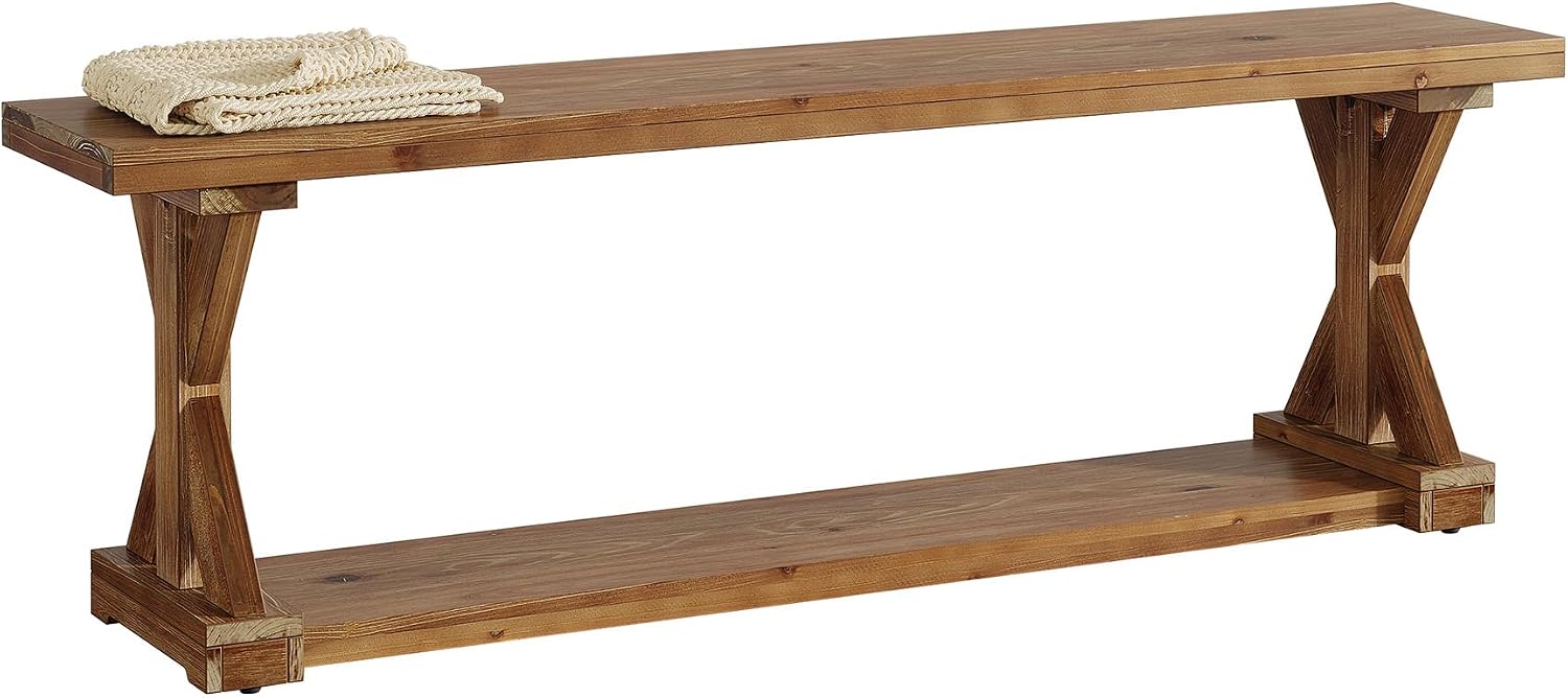 59-Inch Solid Wood Dining Bench, Modern Rustic Bench for Dining Table, 2-Tier Wooden Storage Seat for Dinner Room, Kitchen, Living Room & Hallway, Brown