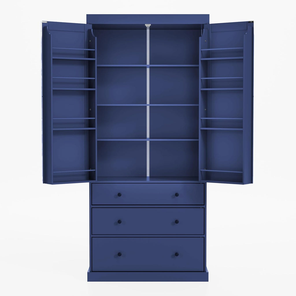 roomfitters 77 Inch Farmhouse Kitchen Pantry Cabinet with 8 Door Shelves and 3 Drawers, Tall Cupboard, Blue