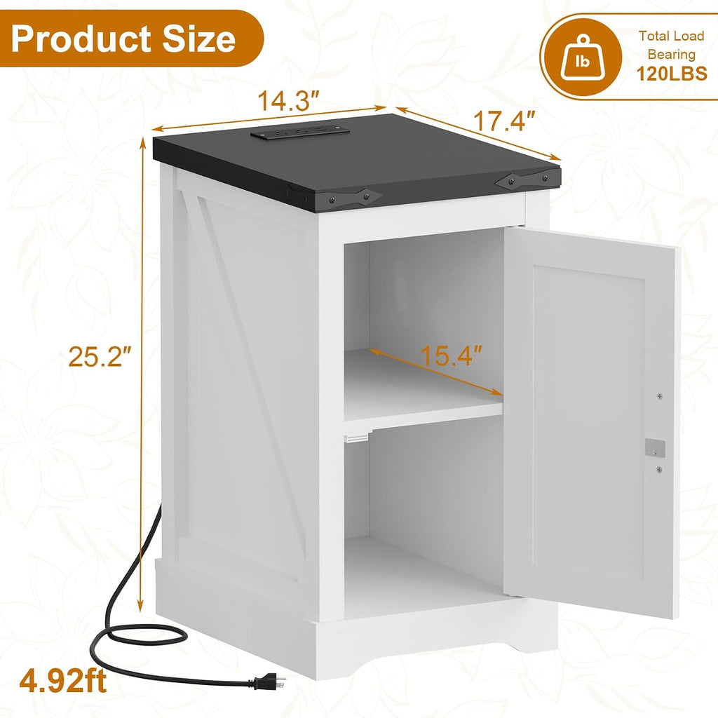 Farmhouse End Table with Charging Station & 2 USB-c Ports | Modern Bedside Table with 2 AC Outlets, Adjustable Shelf, Cable Management | Convenient Power End Table for Bedroom, Living Room