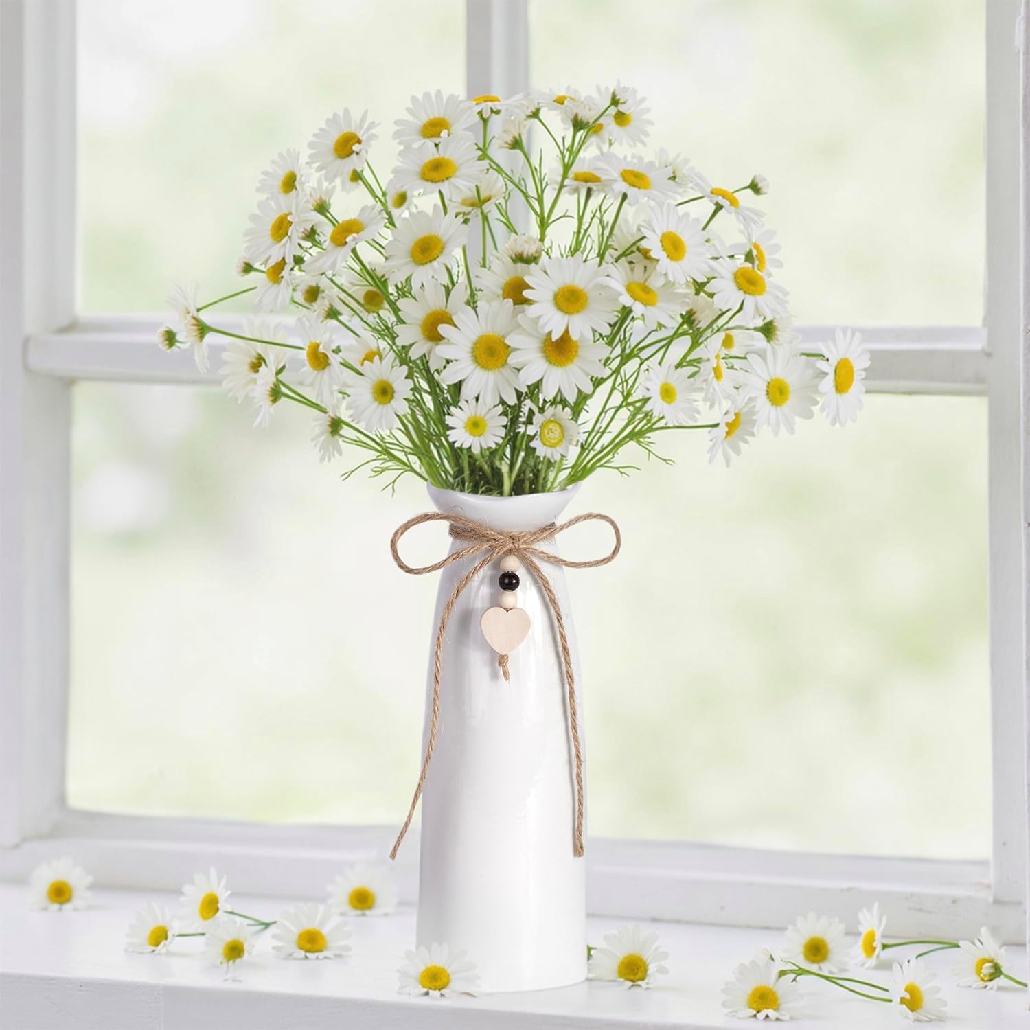 8 Inch Ceramic Vase with Jute Rope & Heart Charm, Elegant White Decorative Vase for Home Décor & Table Centerpieces