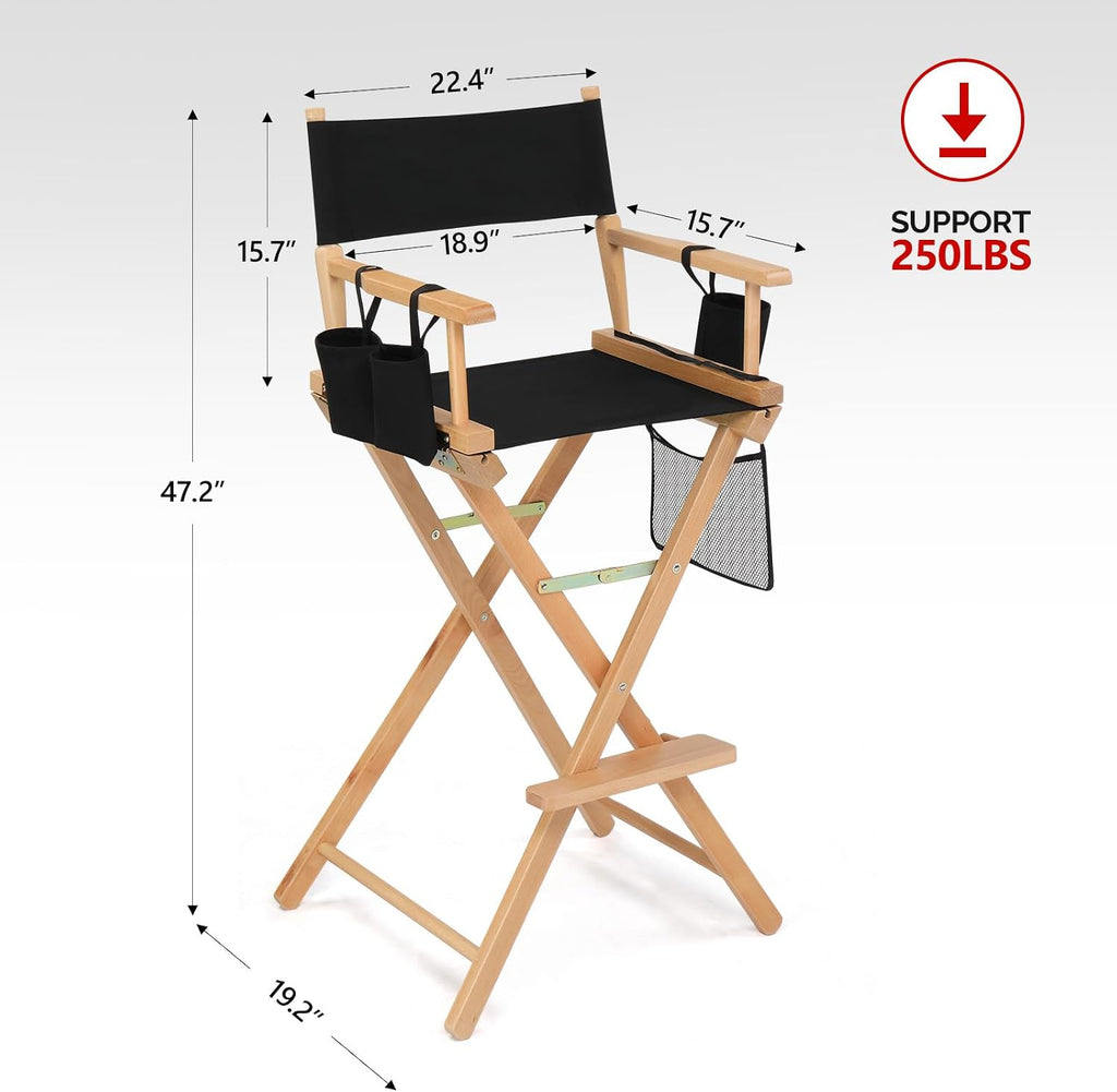 OmySalon 31" Extra Tall Directors Chair - Portable Folding Makeup Chair with Storage Bag & Footrest, Professional for Salon/Outdoor/Craft Shows, 250lbs Capacity (Black/Natural Frame)