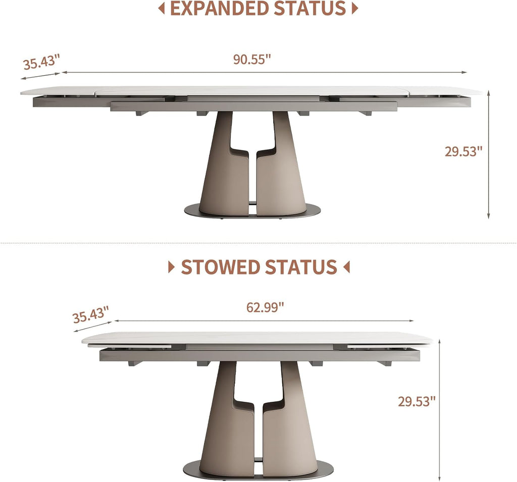 90" Extendable Dining Table – Sintered Stone Top, White, Seats 8-10, Telescopic Leaves, Leather Base, Modern Desig（Table Only