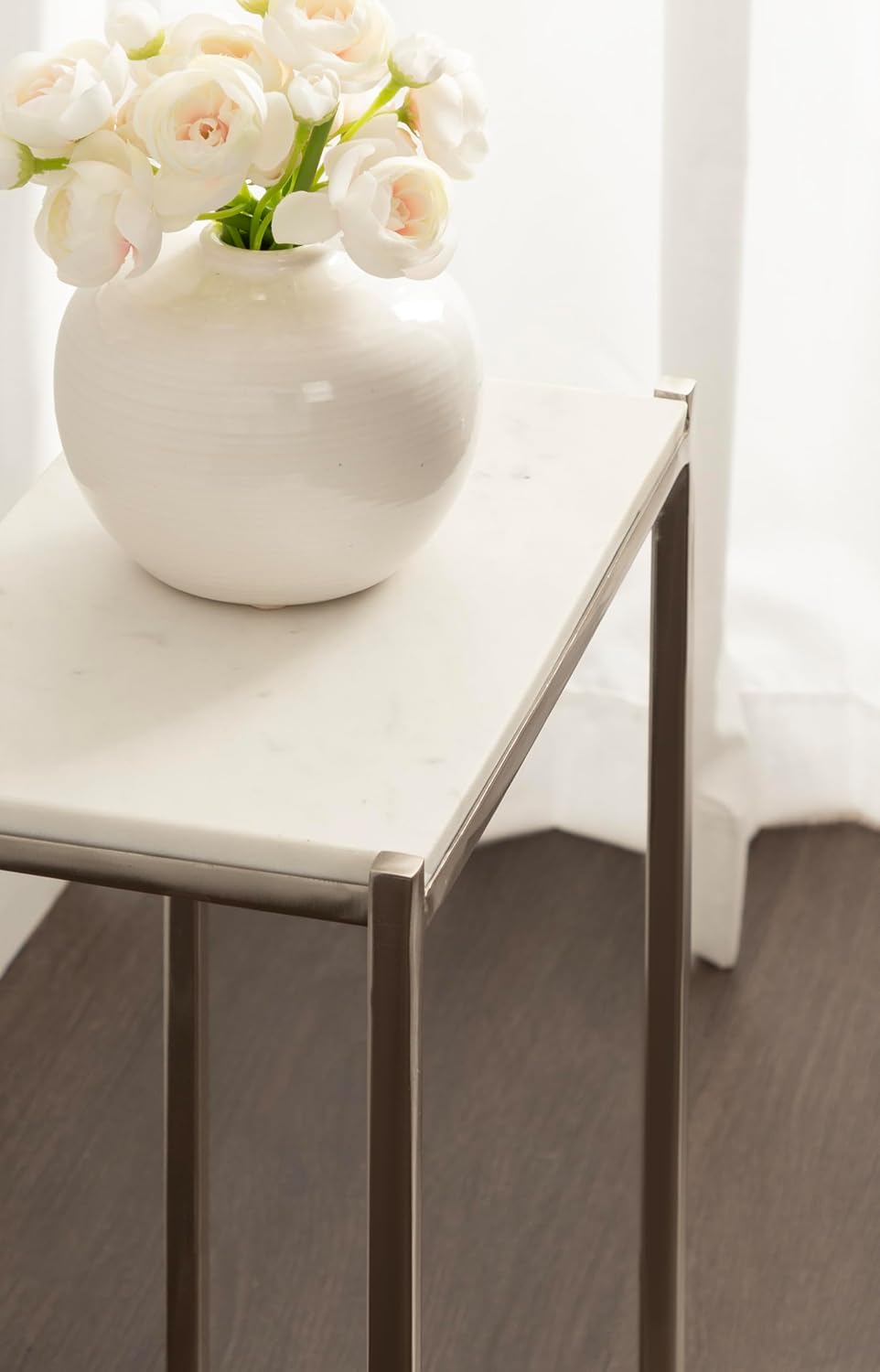 Kate and Laurel Aguilar Modern Glam Slim Side Table, 12 x 7 x 22, White Marble and Silver, Decorative Narrow End Table for Use as Skinny Bedroom Nightstand or Living Room Mini Table
