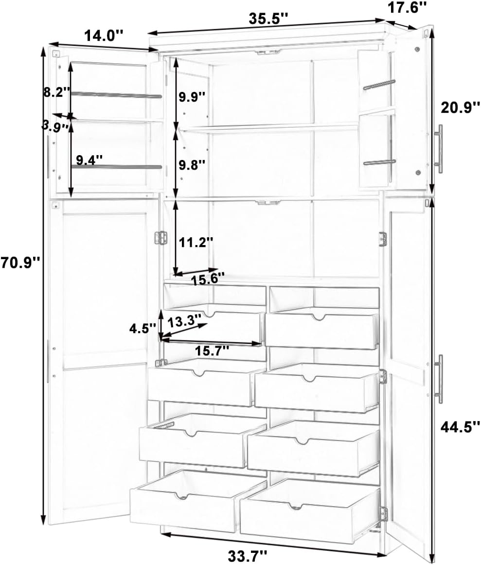 70.9" Tall Freestanding Kitchen Pantry Cabinet with 4 Doors, Large Wooden Kitchen Organizers Storage Cabinet with 8 Pull-Out Trays and 2 Door Shelves for Dining Room, White