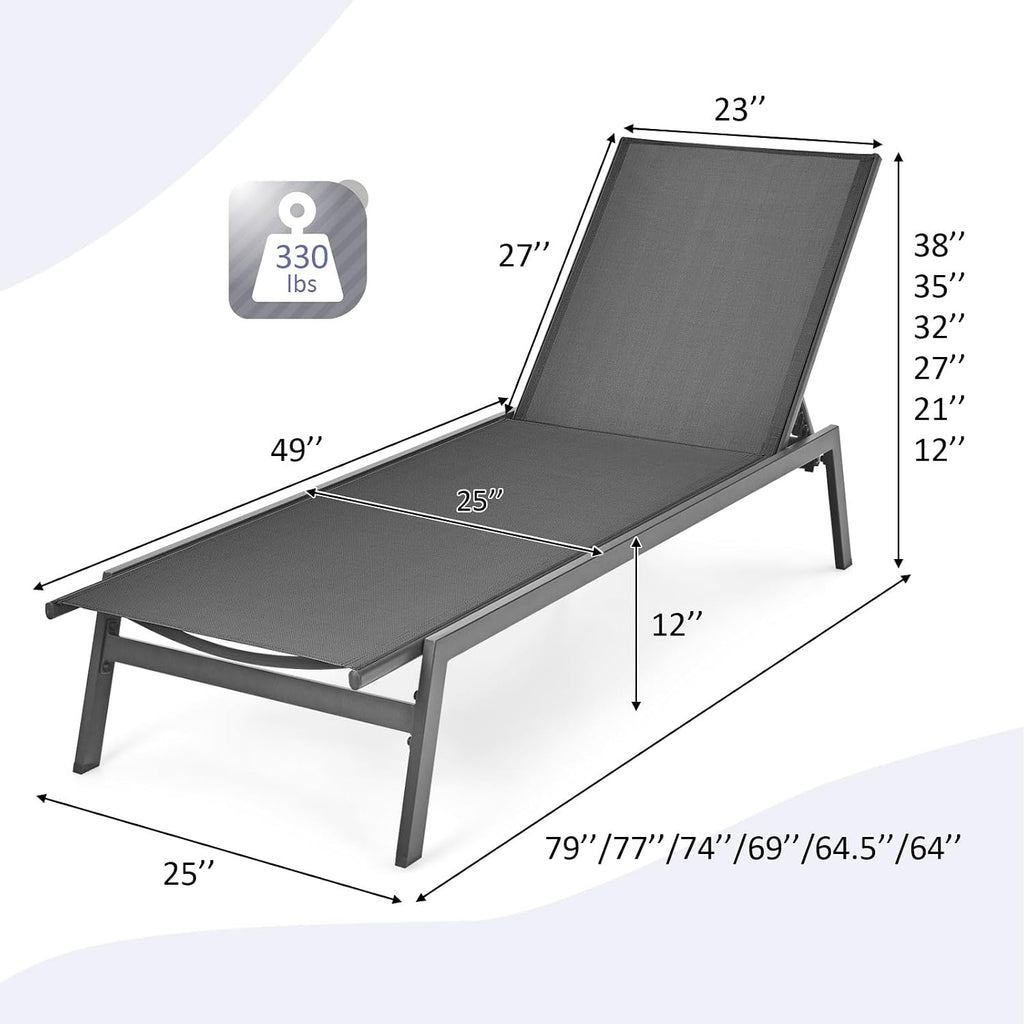 Tangkula Outdoor Chaise Lounge Chair Set of 2, 6-Position Adjustable Reclining Chair with Breathable Fabric and Heavy Duty Steel Frame, Patio Lounge Chair for Garden, Backyard and Poolside (2, Gray)