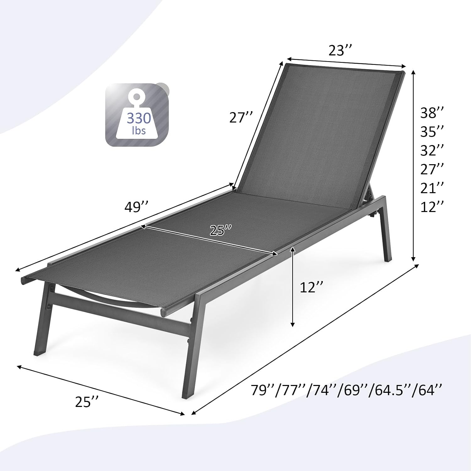 Tangkula Outdoor Chaise Lounge Chair Set of 2, 6-Position Adjustable Reclining Chair with Breathable Fabric and Heavy Duty Steel Frame, Patio Lounge Chair for Garden, Backyard and Poolside (2, Gray)