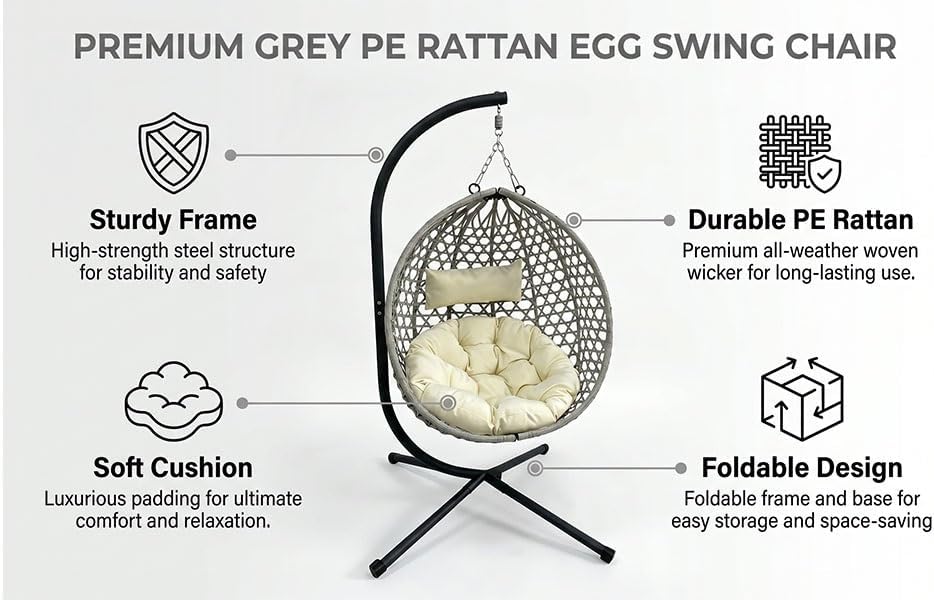 Folding PE Rattan Hanging Egg Chair with Stand, Indoor Outdoor Hammock Swing Basket Chair, Aluminum Steel Frame, 350LBS Capacity for Patio Balcony Backyard Bedroom(Beige+Grey)