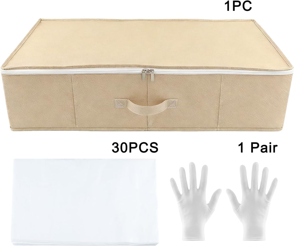 Wedding Dress Storage Box with 30 Acid-Free Paper and Microfiber Gloves, Large Wedding Dress Preservation Box Beige Storage Boxs for Weddingdress Heirlooms Gowns