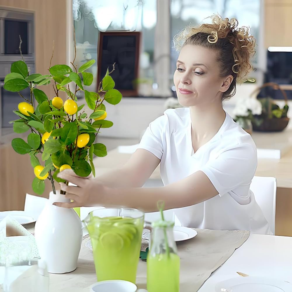 Artificial Lemons Branches 3pcs 27.5inch Lemon Stems for Vases Realistic Fruit Bouquet Faux Lemon Tree Branch Fake Lemons for Kitchen Home Wedding Party Spring Summer Decorations DIY Floral Crafts