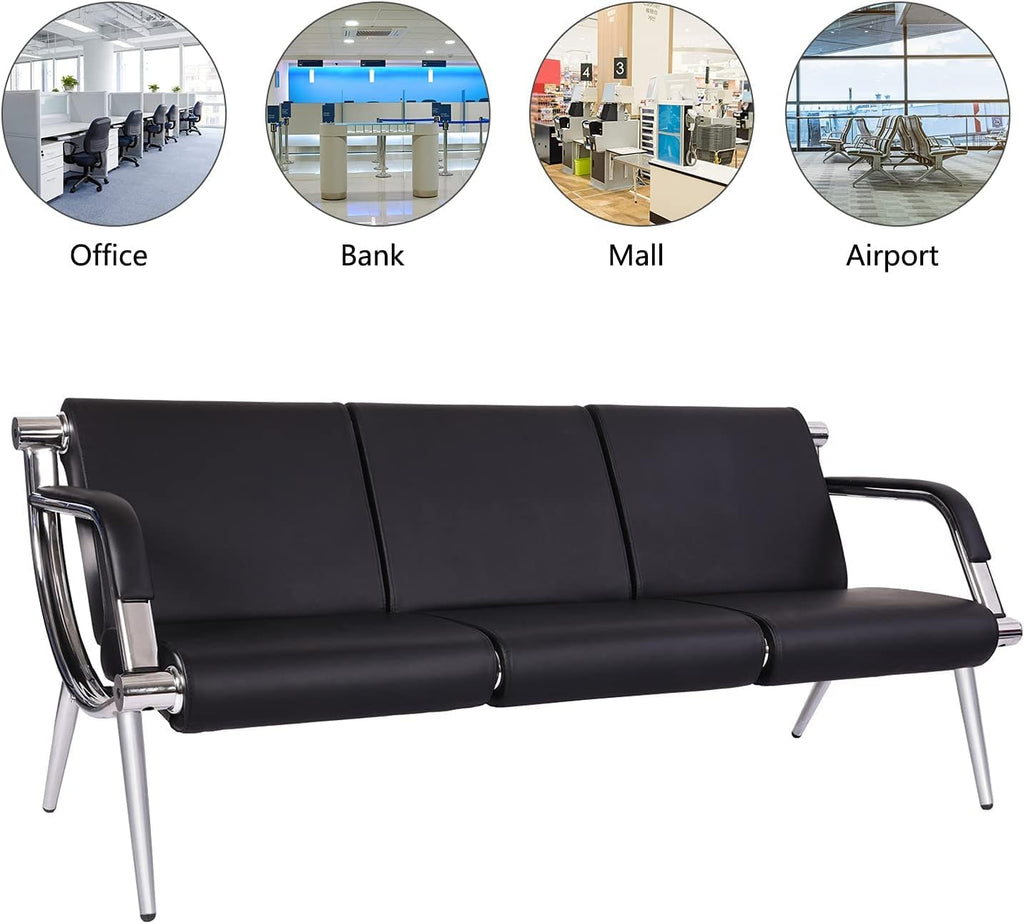 Kinfant Waiting Room Chair- Office Reception Furniture with Armrest and PU Leather Cushion, Office Guest Chair for Waiting Room Airport Hospital Bank Lobby, Black (Black, 3-seat)