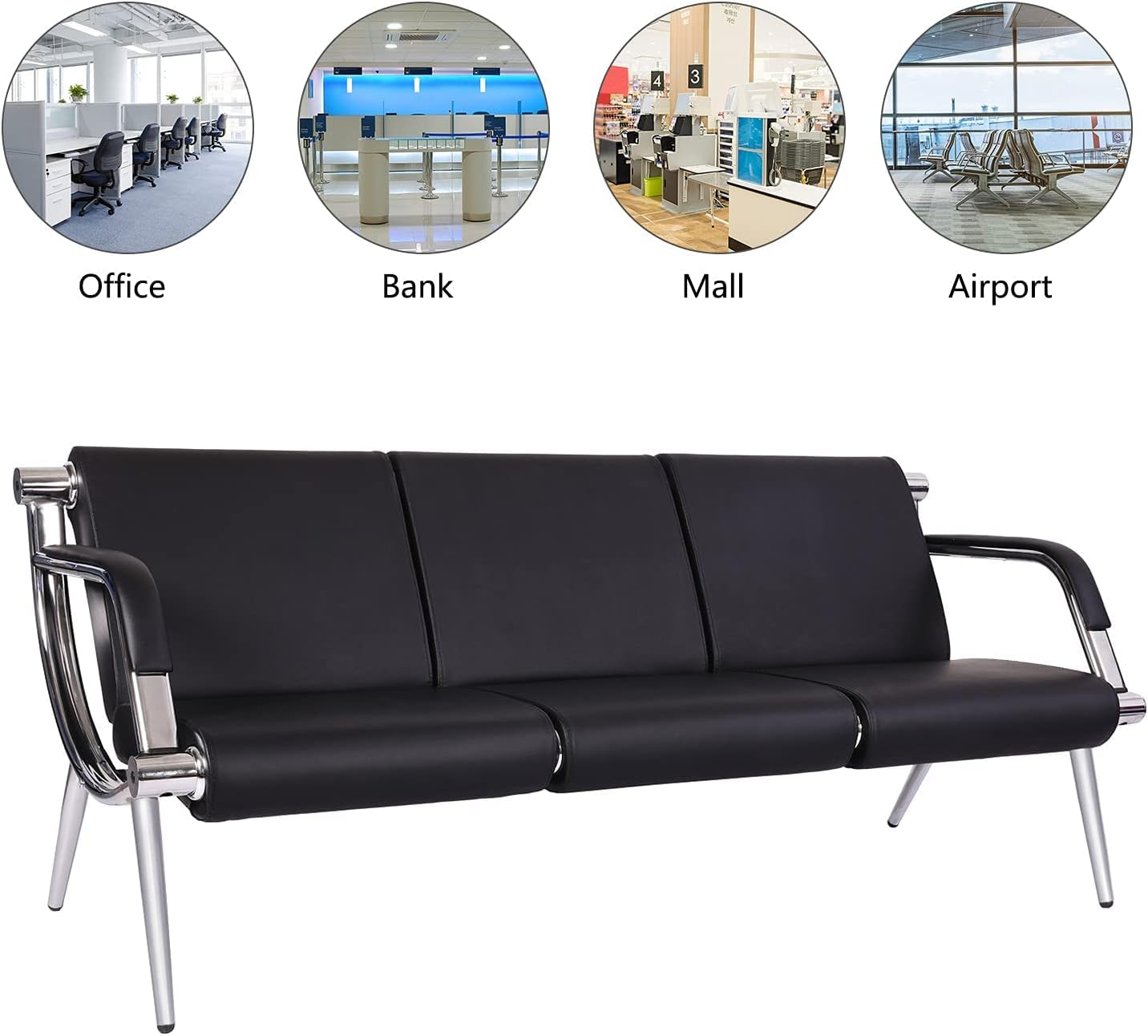 Kinfant Waiting Room Chair- Office Reception Furniture with Armrest and PU Leather Cushion, Office Guest Chair for Waiting Room Airport Hospital Bank Lobby, Black (Black, 3-seat)