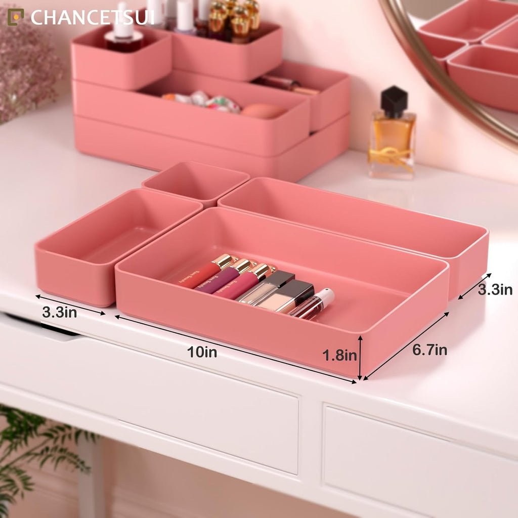 9 Pcs Stackable Drawer Organizer Trays Set, Multifunctional Stackable Storage Trays for Vanity, Bathroom, Kitchen, Desk Drawer Organizer Office. Plastic Drawer Organizers Available In 5 Colours, Rose