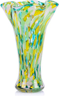 9.0"H Green Glass Vases for Flowers, Unique Hand Blown Glass Vase Green Gold Home Decor, Wide Mouth Colorful Flower Vase Centerpieces, For Living Room Table Bookshelf, Bathroom Office Shelf Decorative