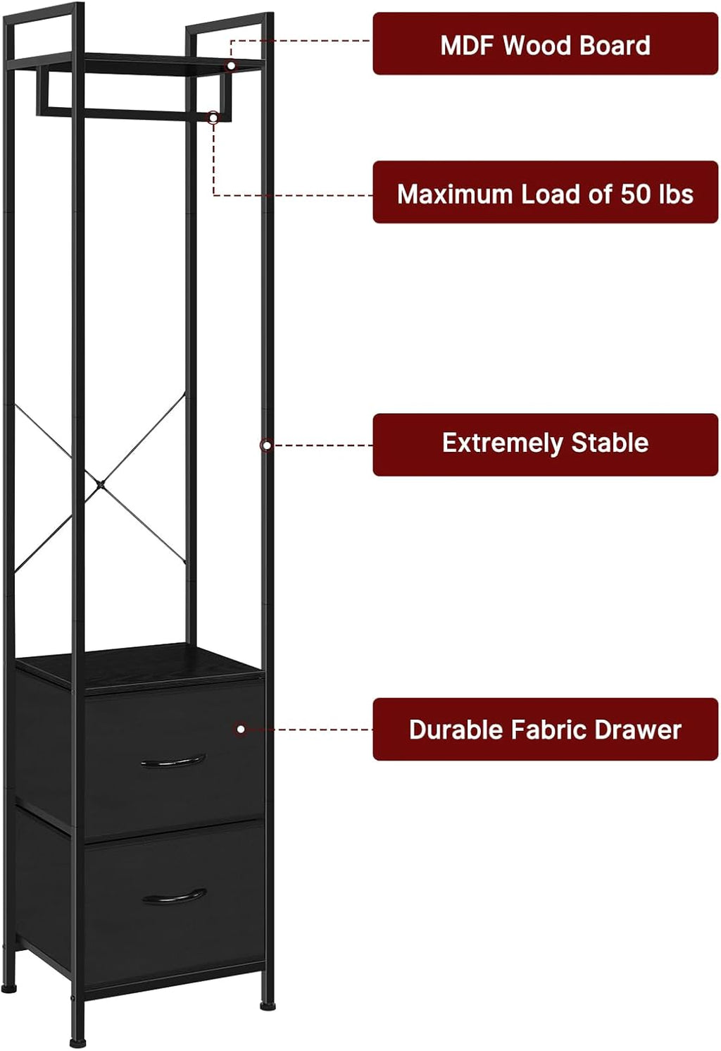 smusei Clothes Rack 3 Tiers Heavy Duty Coat Rack with 2 Fabric Drawers and Storage Shelves Freestanding Cloth Hanger Garment Rack for Bedroom Entryway Living room Black