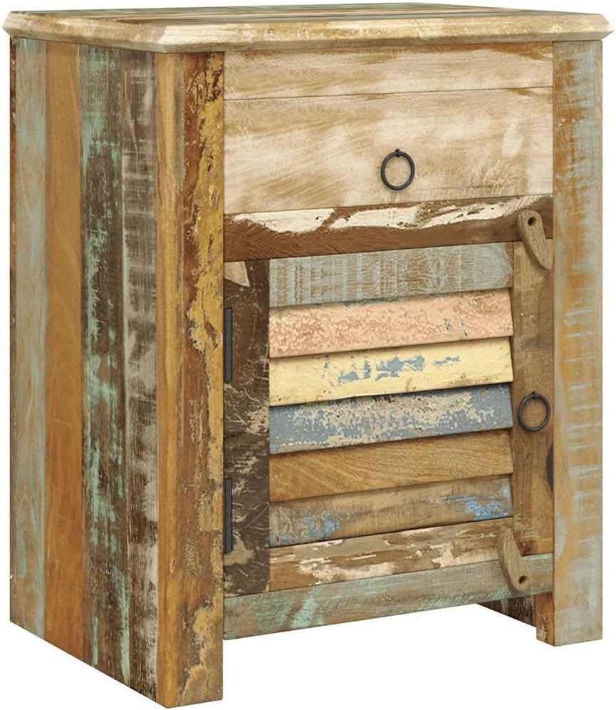 Antique Reclaimed Wood End Table with 1 Drawer and 1 Door, Rustic Nightstand for Living Room or Bedroom, Handmade Storage Cabinet with Vintage Style