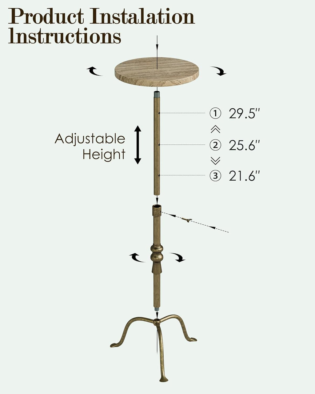 Adjustable Height Round Pedestal Table - 22-30 Inch, Modern Martini Cocktail End Table with Natural Travertine Top & Antique Brass Base for Small Spaces Living Room, Bedroom (Noche Travertine)