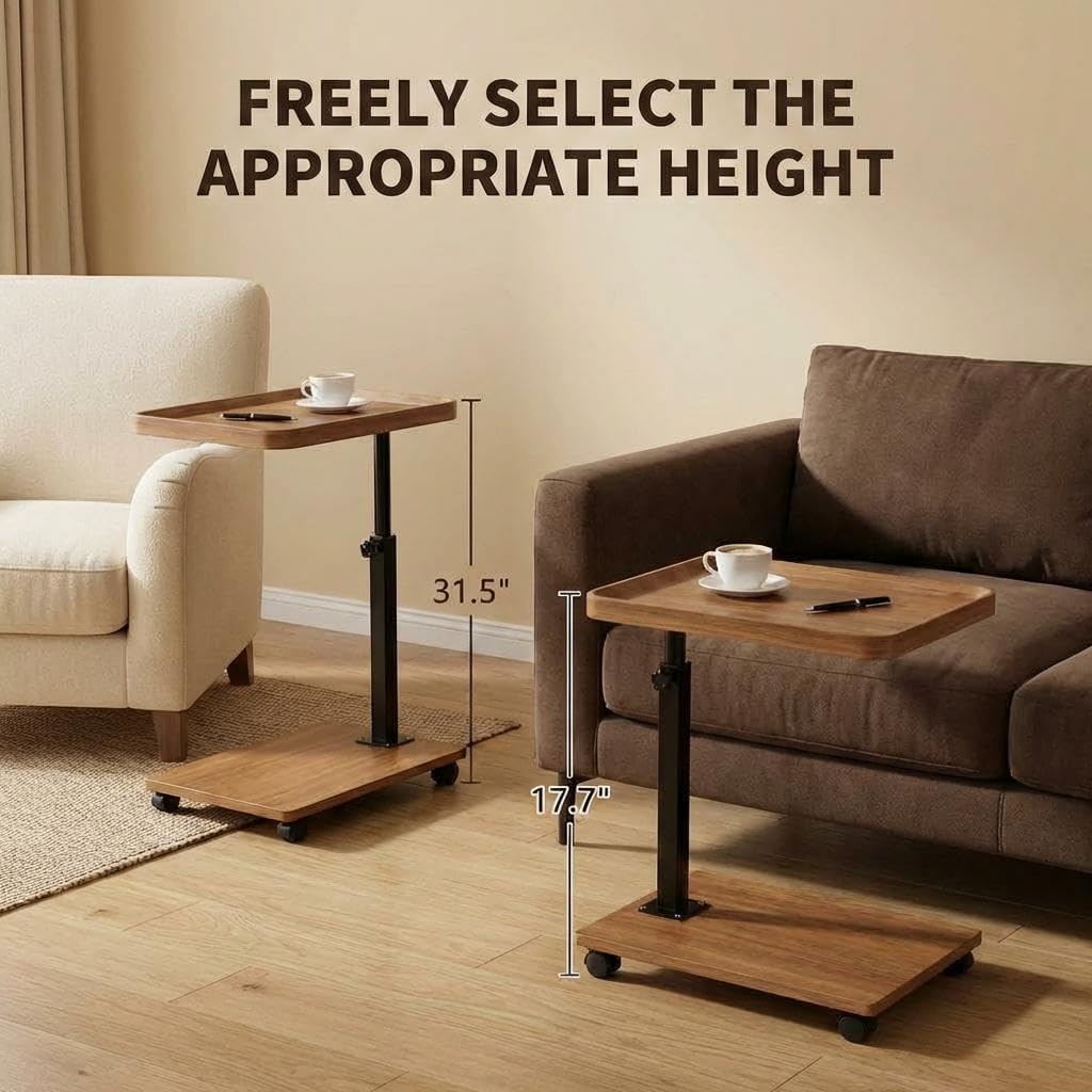 C Shaped End Table with Natural Wood Top & Wheels, Adjustable Height Side Table That Slides Under Couch, Modern Laptop & TV Tray for Sofa, Bed