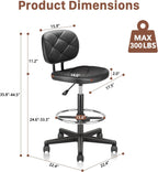 KLASIKA Leather Drafting Stool Chair with Ergonomic Backrest & Footrest, Padded Seat Adjustable Height 360° Swivel Rolling Stools, Tall Office Chair for Standing Desk, Shop, Drawing, Work, Black