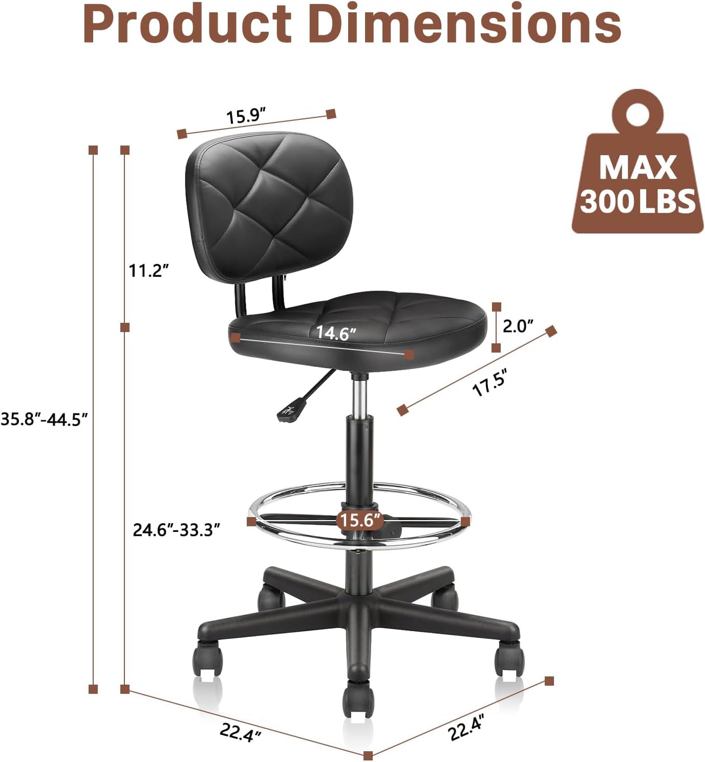 KLASIKA Leather Drafting Stool Chair with Ergonomic Backrest & Footrest, Padded Seat Adjustable Height 360° Swivel Rolling Stools, Tall Office Chair for Standing Desk, Shop, Drawing, Work, Black