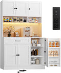 FJTJBSI 72" Kitchen Pantry Cabinet with LED Light and Charging Station Tall Pantry Storage Cabinet with Adjustable Shelves and Door Shelves Modern Kitchen Hutch with Microwave Stand and Countertop