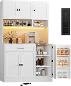 FJTJBSI 72" Kitchen Pantry Cabinet with LED Light and Charging Station Tall Pantry Storage Cabinet with Adjustable Shelves and Door Shelves Modern Kitchen Hutch with Microwave Stand and Countertop