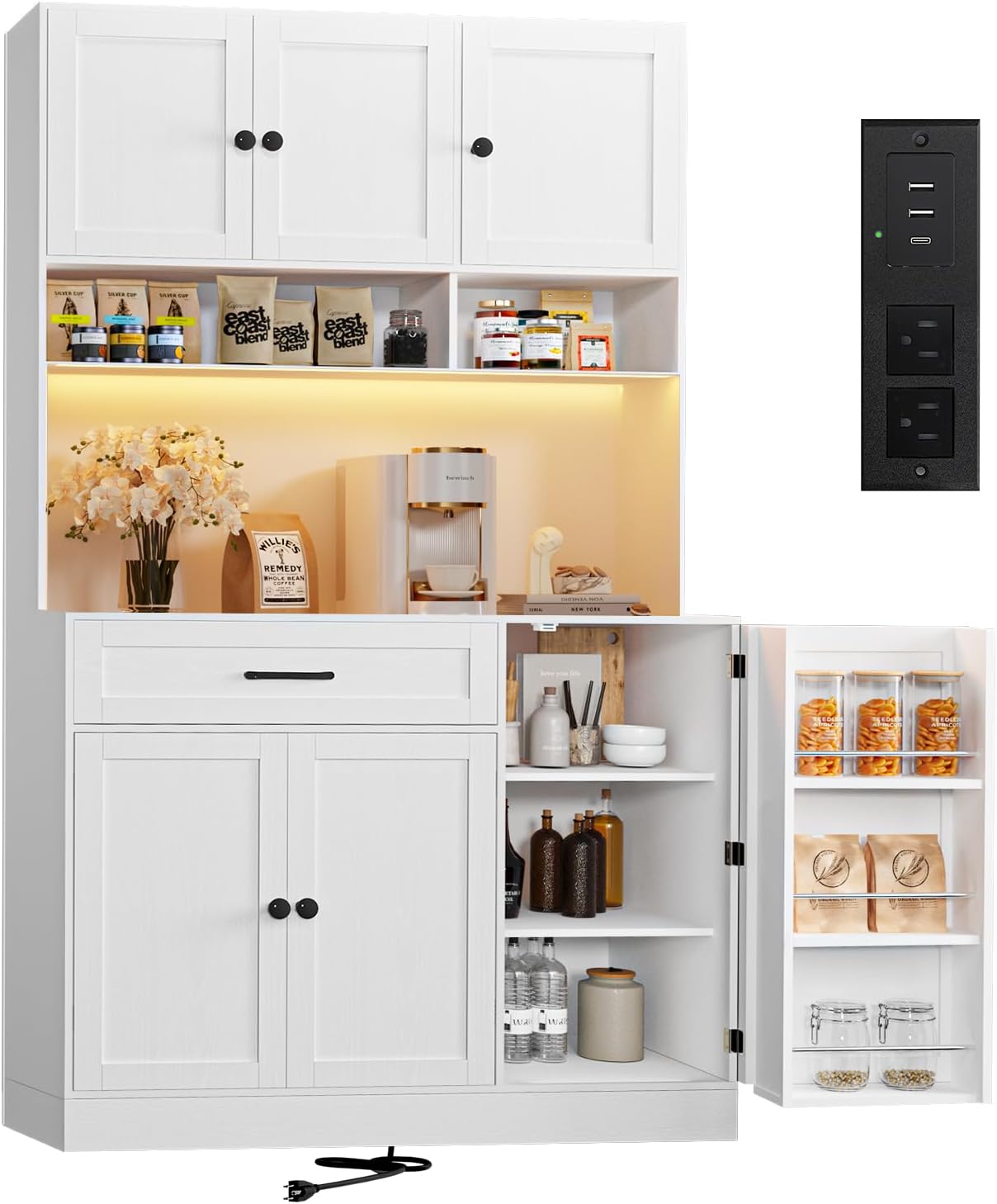 FJTJBSI 72" Kitchen Pantry Cabinet with LED Light and Charging Station Tall Pantry Storage Cabinet with Adjustable Shelves and Door Shelves Modern Kitchen Hutch with Microwave Stand and Countertop