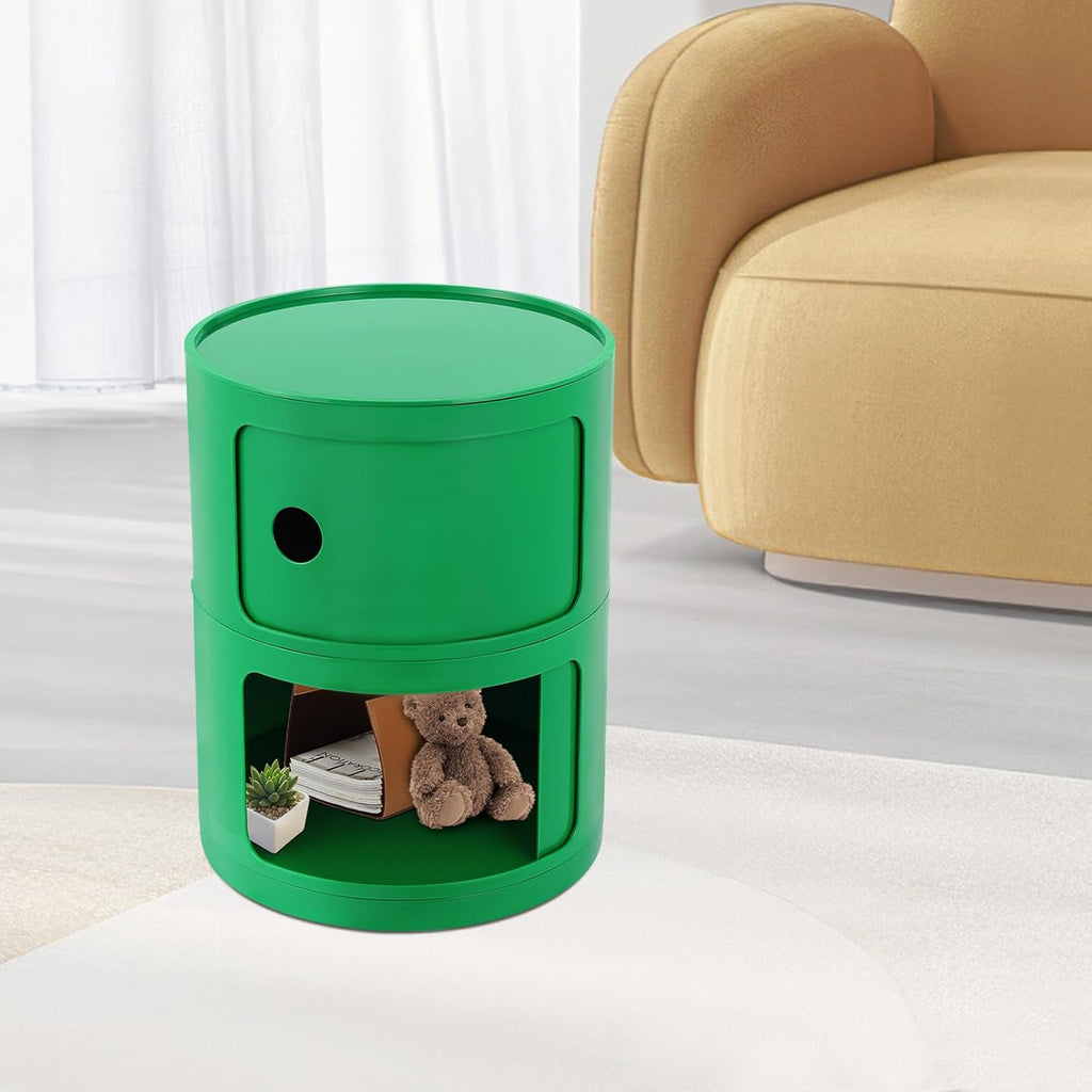 2 Tier Circular Nightstand, Circular Side Table with Storage, Round Cabinet End Table, Sliding Door Design, 88Lbs Load Capacity, Bedroom Living Room Organizer, Modern Green ABS Material, 12.5x15.7 in
