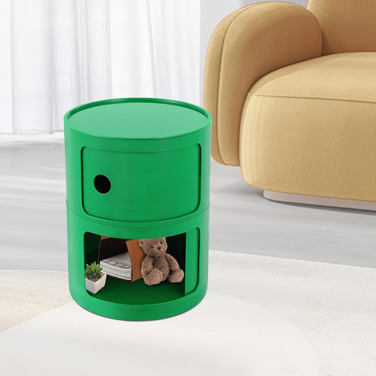 2 Tier Circular Nightstand, Circular Side Table with Storage, Round Cabinet End Table, Sliding Door Design, 88Lbs Load Capacity, Bedroom Living Room Organizer, Modern Green ABS Material, 12.5x15.7 in