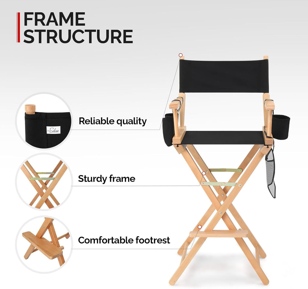 OmySalon 31" Extra Tall Directors Chair - Portable Folding Makeup Chair with Storage Bag & Footrest, Professional for Salon/Outdoor/Craft Shows, 250lbs Capacity (Black/Natural Frame)