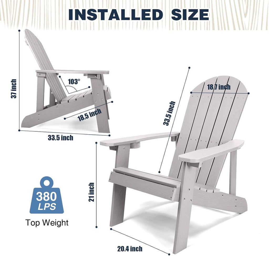 Adirondack Chair, All Weather Resistant Plastic Chairs with Cup Holder, 5 Easy Steps to Install, Outdoor Chairs for Patio, Garden, Backyard Deck, Lawn, Fire Pit - Grey