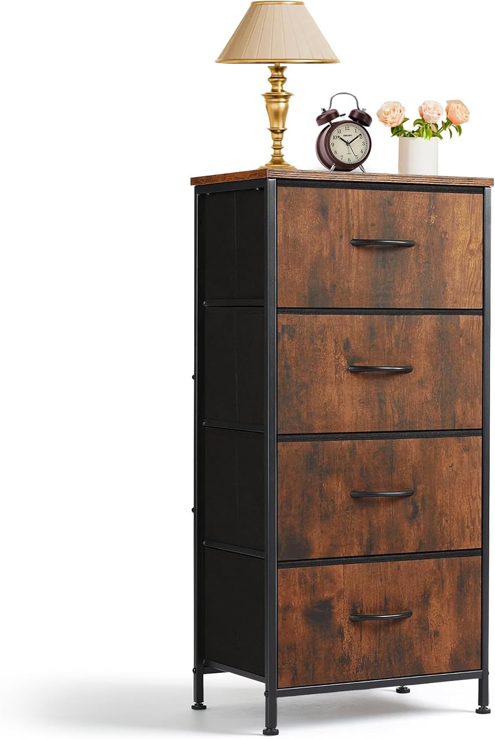 4 Drawers Dresser for Bedroom Fabric Storage Tower with Wooden Top | Steel Frame Tall Chest of Drawers for Closet, Entryway, Dorm, Brown