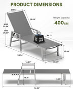 Patio Chaise Lounge Chair Outdoor Set of 2 with Wheels&Armrests, Aluminum Pool Lounge Chairs Five-Position Adjustable Recliner, Outdoor Beach Lounge Chairs for Poolside, Lawn, Deck, Yard, Dark Gray