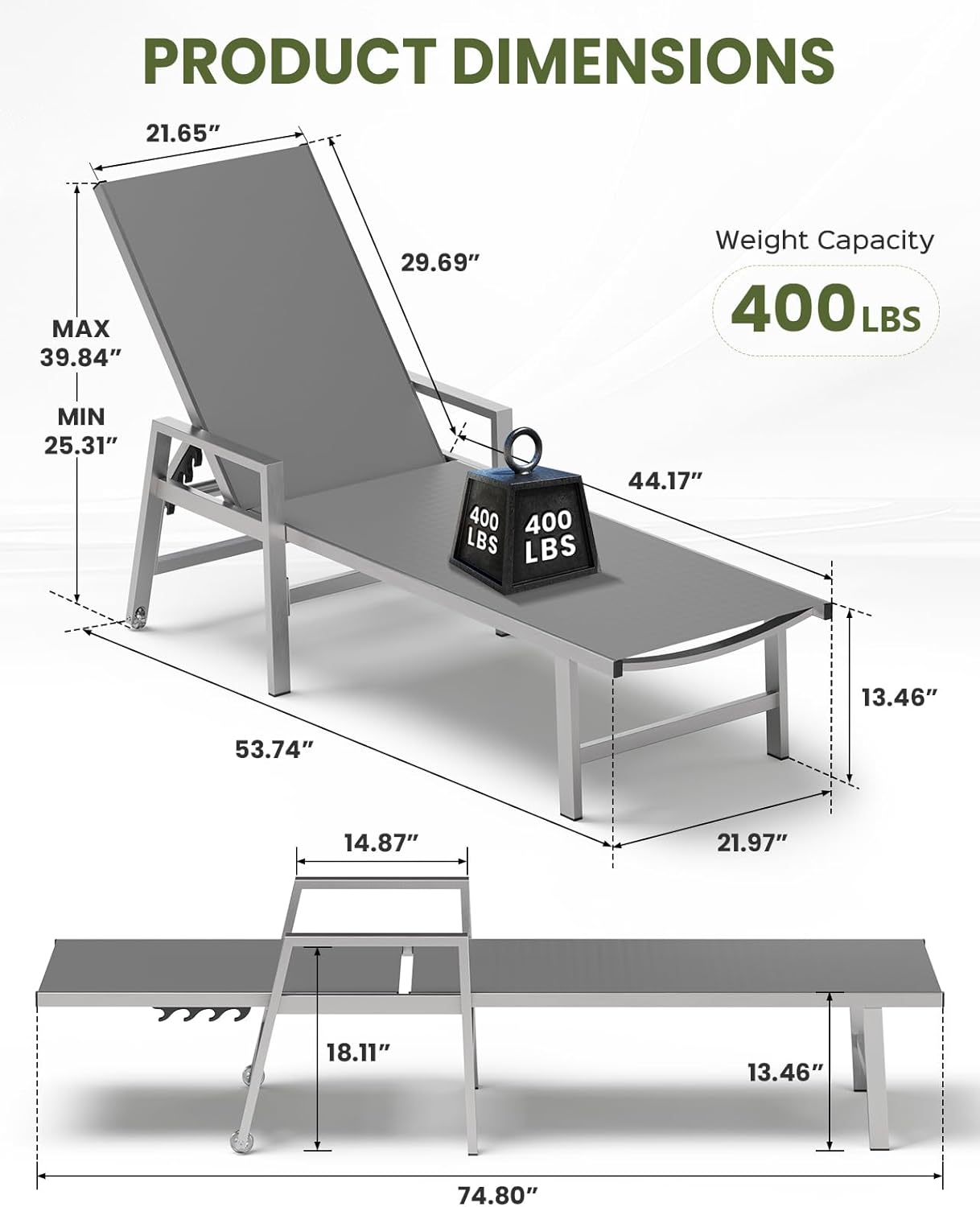 Patio Chaise Lounge Chair Outdoor Set of 2 with Wheels&Armrests, Aluminum Pool Lounge Chairs Five-Position Adjustable Recliner, Outdoor Beach Lounge Chairs for Poolside, Lawn, Deck, Yard, Dark Gray