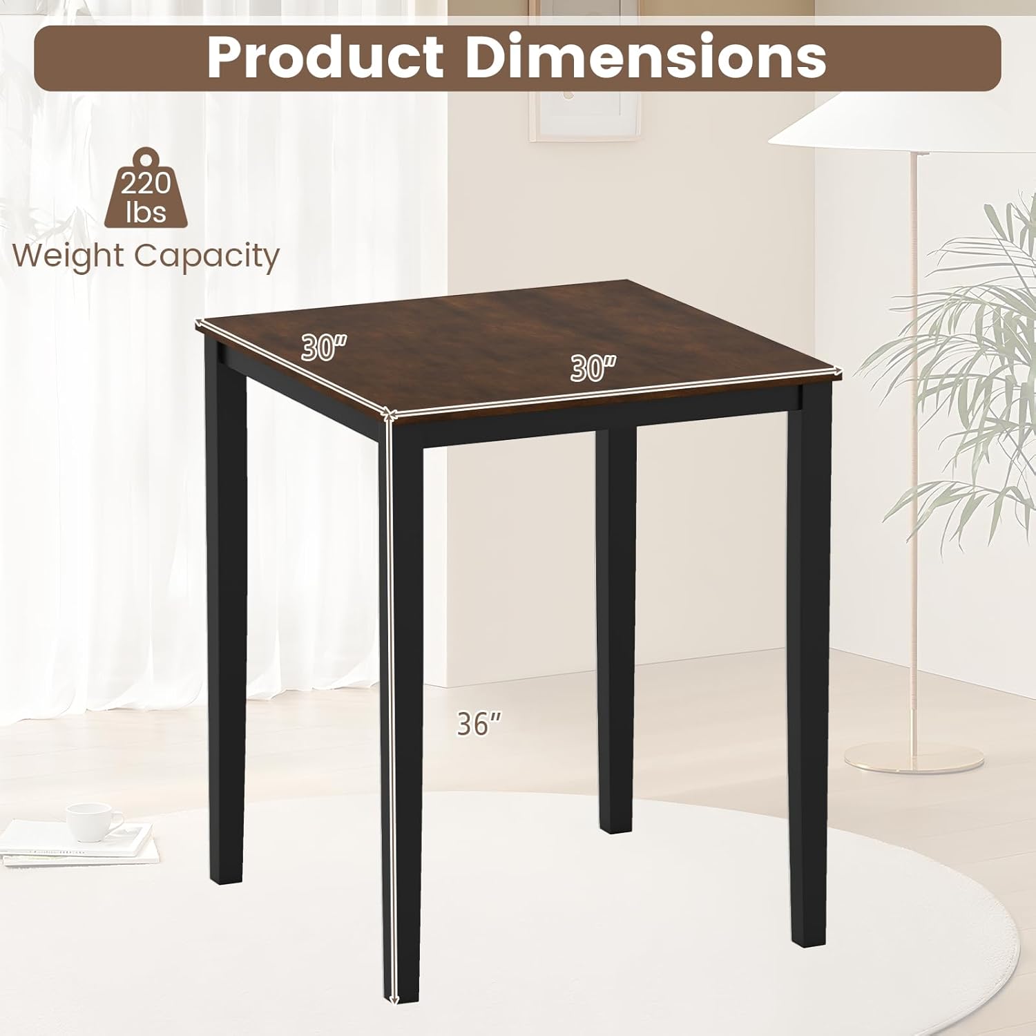 GOFLAME Square Bar Table, Counter Height Pub Table with Rubber Wood Legs, 30 x 30 x 36 Inch Cocktail Table, Dining Table for Kitchen, Bistro, Restaurant, Small Space, Black & Brown