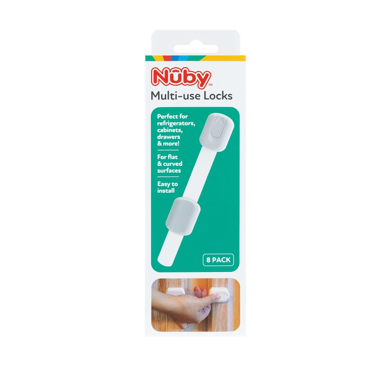Nuby Multi-Use Child Safety Locks - 8 Pack - Baby Proof Latches for Cabinets, Drawers, Refrigerators, and Appliances - Fits Flat and Curved Surfaces