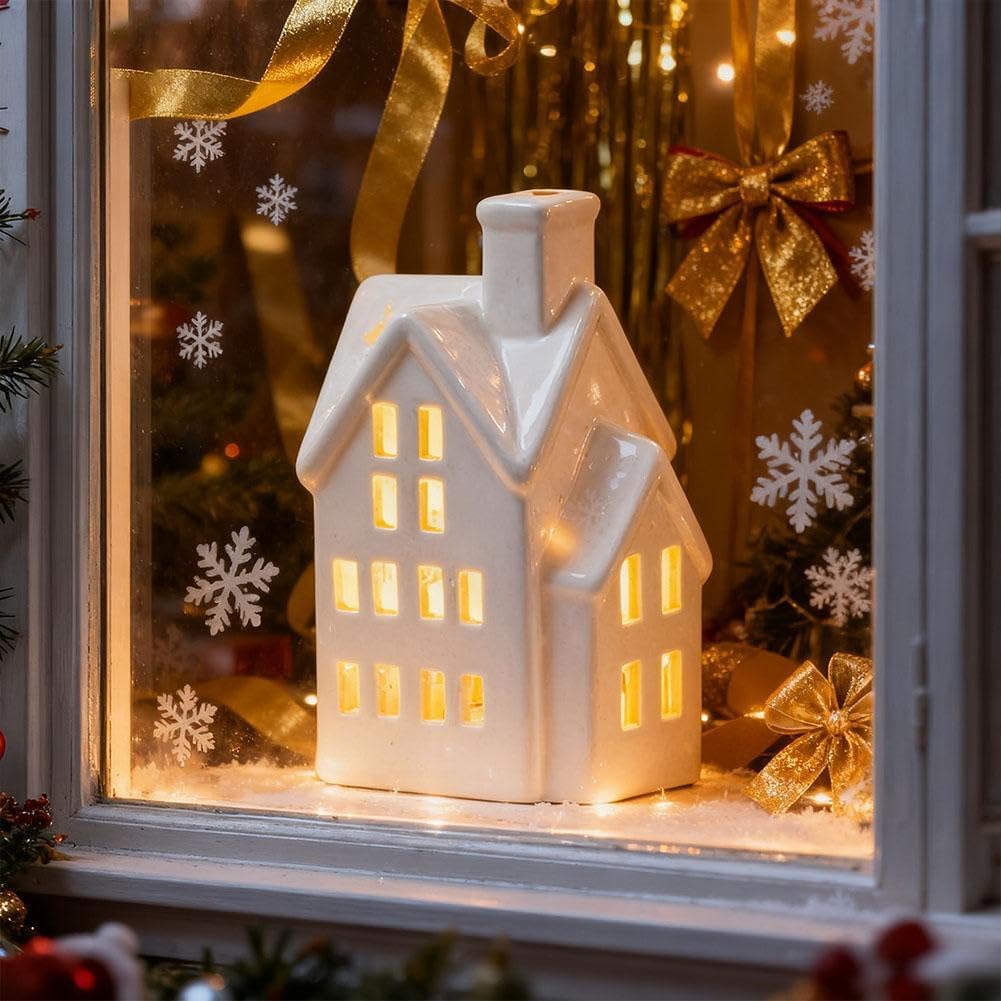 White Christmas Village Houses,LED Lighted Ceramic White Small House and Xmas Tree Tabletop Figurines, Light Up Christmas Decorations for Home Shelf Cabinet Table Winter Deco