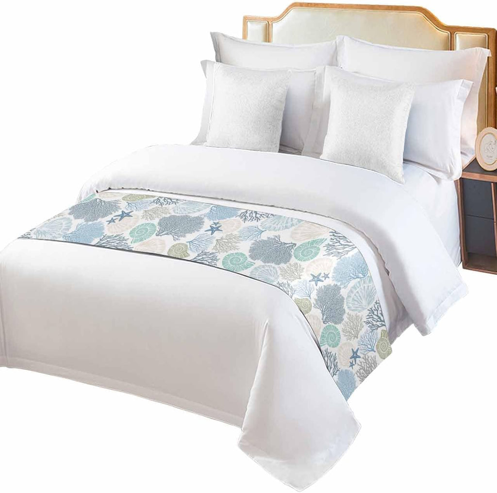 Blue Teal Coral Bed Runners for Queen Size Bed, Bed Throws for Foot of Bed, Summer Beach Starfish Coastal Modern Geometric Bed Runner Sofa Throw Bedding Scarf Protector Slipcover for Bedroom