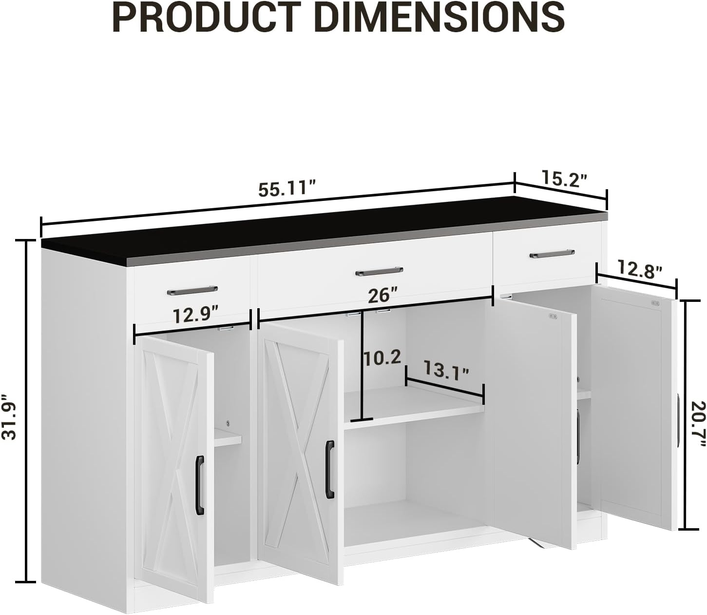 55" Sideboard with Storage Kitchen Storage Cabinet with 3 Drawers, Modern Large Wood Farmhouse Buffet Cabinet TV Stand Coffee Bar for Living Room Hallway