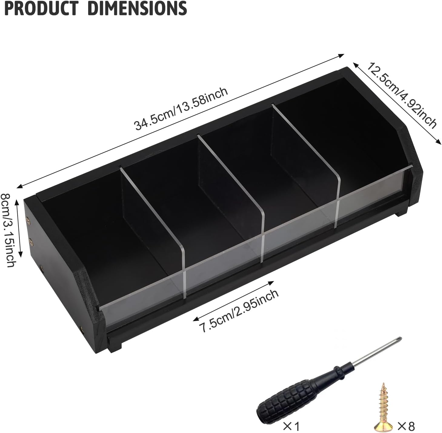 Tea Bag Holder Organizer Box with 4 Compartments, Pine Wood and Acrylic, 13.5 x 4.9 x 3.1 inches for Drawer, Cabinet, Countertop, Tea Tray (Black)