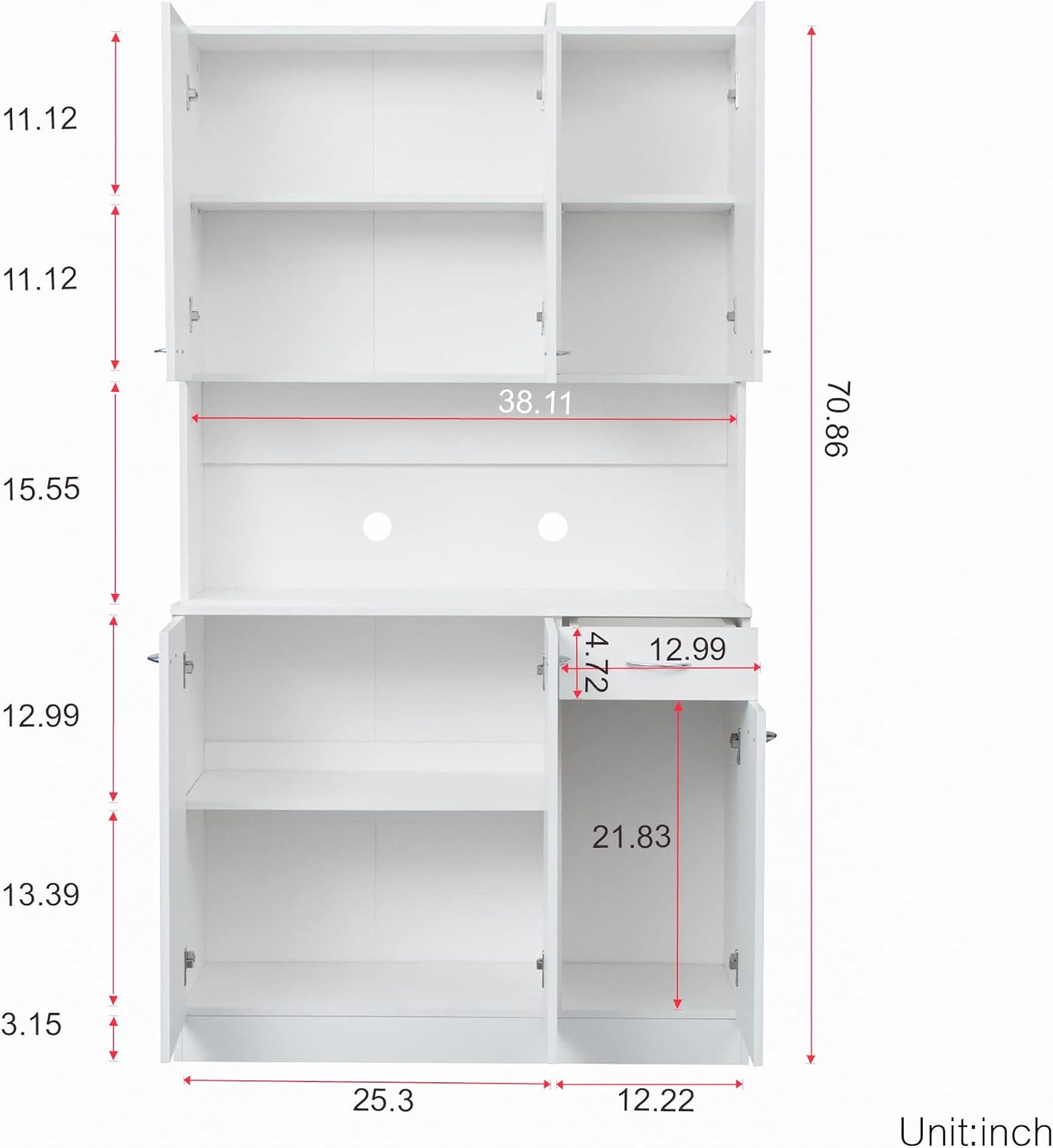 LUMISOL Kitchen Pantry Cabinet, Solid Wood Kitchen Hutch with Microwave Stand, 70.87” Tall Sideboard with 6 Doors, 1 Open Shelves and 1 Drawers for Living Room, Dining Room, White