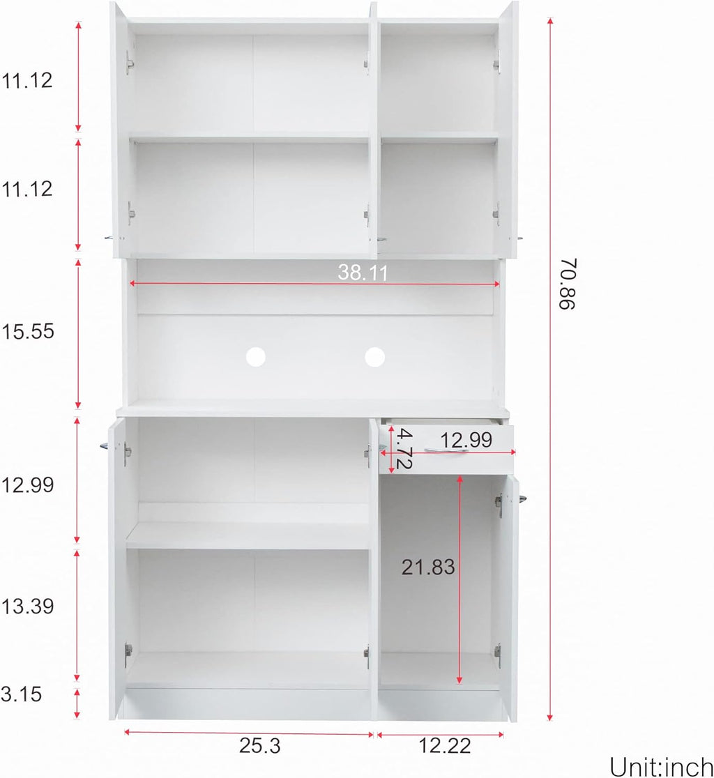 70.87" Tall 6-Door Kitchen Pantry Cabinet with Drawer & Open Shelf, Freestanding Storage Cupboard with Fixed Shelves for Kitchen, Dining Room, Laundry Room(White)