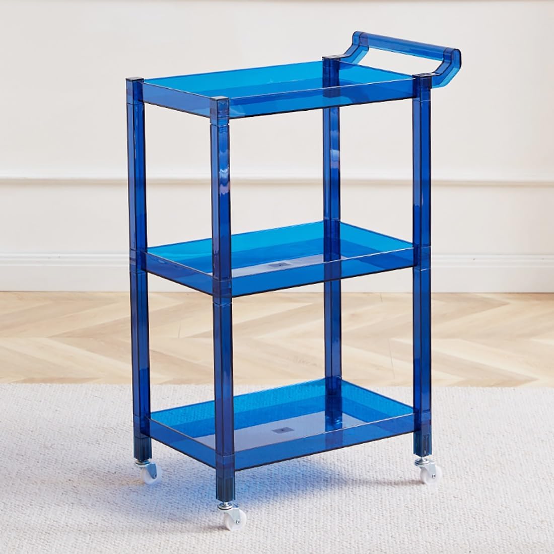 Acrylic Side Table, 3-Tier Acrylic Bar Cart with Wheels and Handle, Clear Multifunction Small Spaces Rolling Serving for Kitchen Living Room Dining Laundry(Blue)