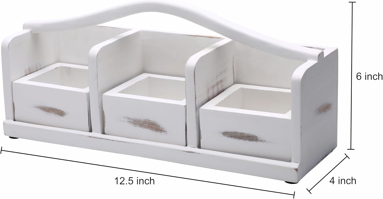 Wooden Tea Bag Organizer | Farmhouse Finish | 3-Compartment Storage | Countertop | Accessories: Tea Bag Squeezer, Natural Jute Placemat, Tea Spoon, Wooden Napkin Ring