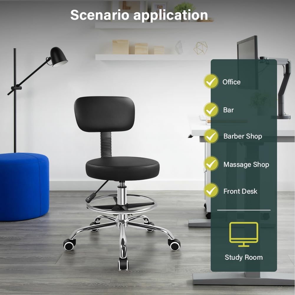 BFTOU Black Drafting Chair with Backsupport Tall Adjustable Rolling Stool with Wheels Thick Seat Cushion High Office Chair for Shop Salon Bar Kitchen Studio Home Lab Counter Space Saving