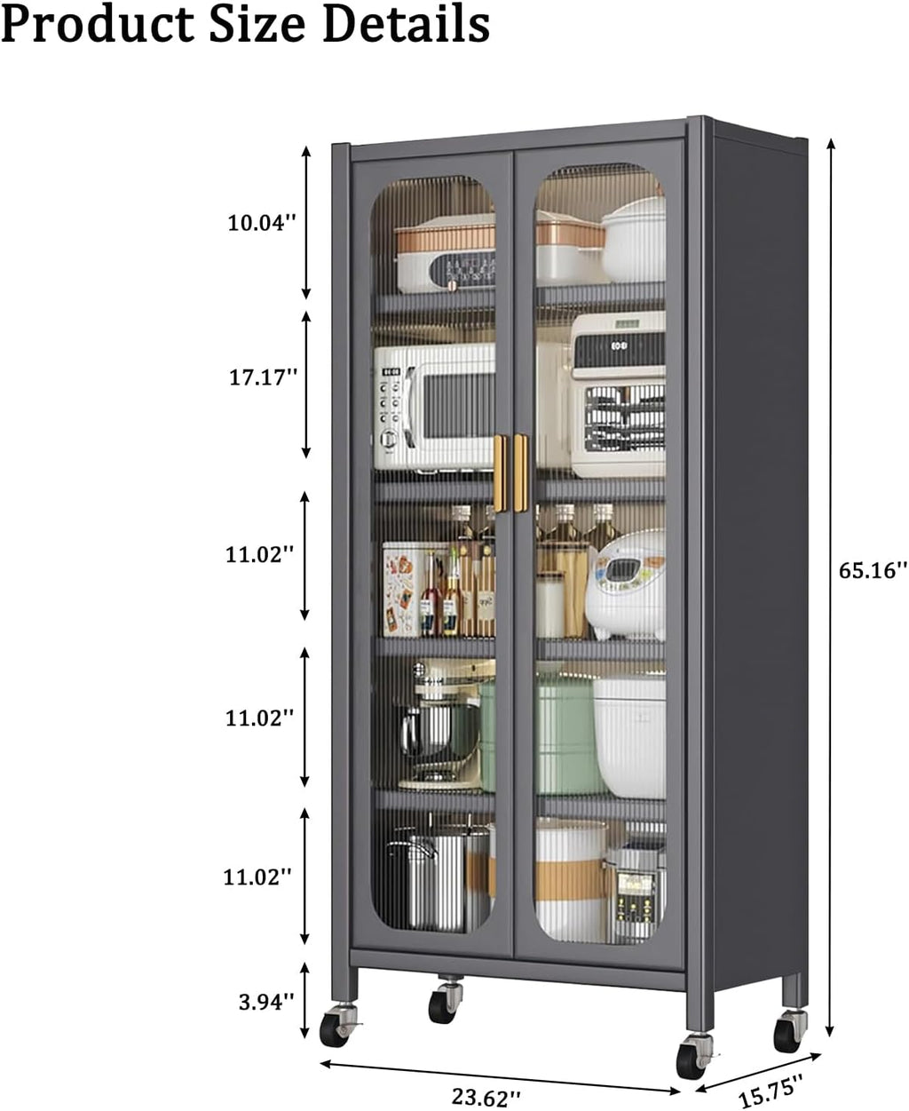 Ywin 65" Tall Kitchen Pantry Cabinet, Metal 6-Tier Storage Cabinet with Acrylic Glass Doors, Adjustable Shelves & Wheels, Utility Storage Cabinet for Living Room,Dining Room