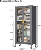 Ywin 65" Tall Kitchen Pantry Cabinet, Metal 6-Tier Storage Cabinet with Acrylic Glass Doors, Adjustable Shelves & Wheels, Utility Storage Cabinet for Living Room,Dining Room